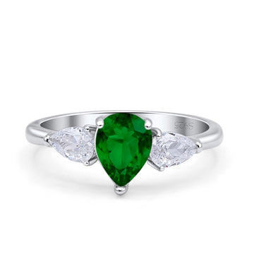 Three Stone Teardrop Pear Art Deco Simulated Green Emerald CZ Engagement Ring 925 Sterling Silver